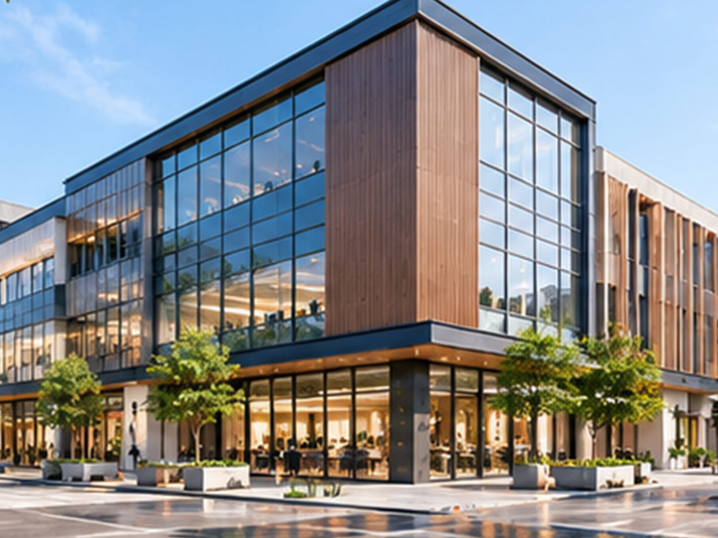 NECOWOOD ASA WPC outdoor wall panel on commercial office building and retail storefront